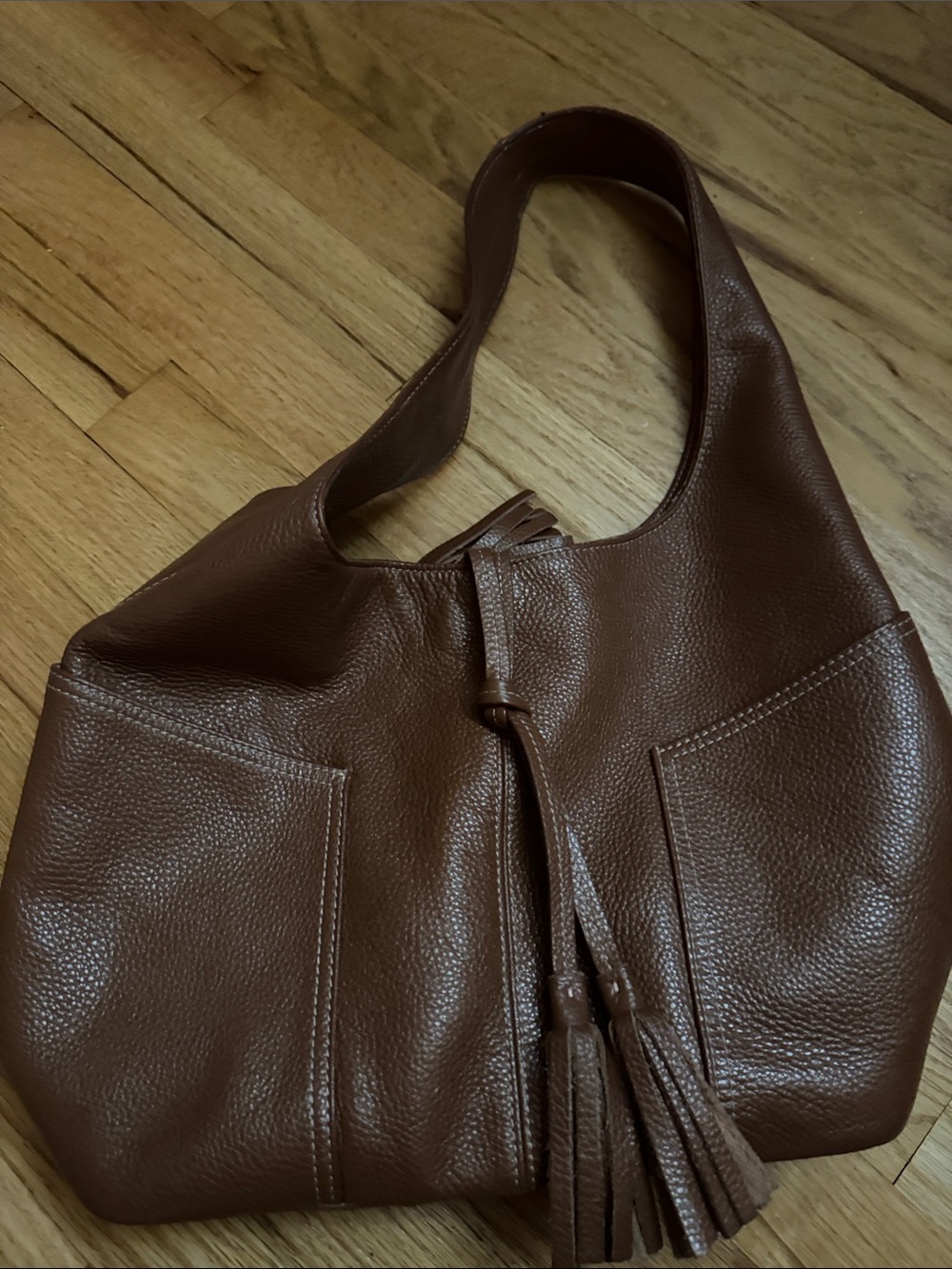 Women's Brown Pebbled Leather Shoulder Bag with Tassel Accent